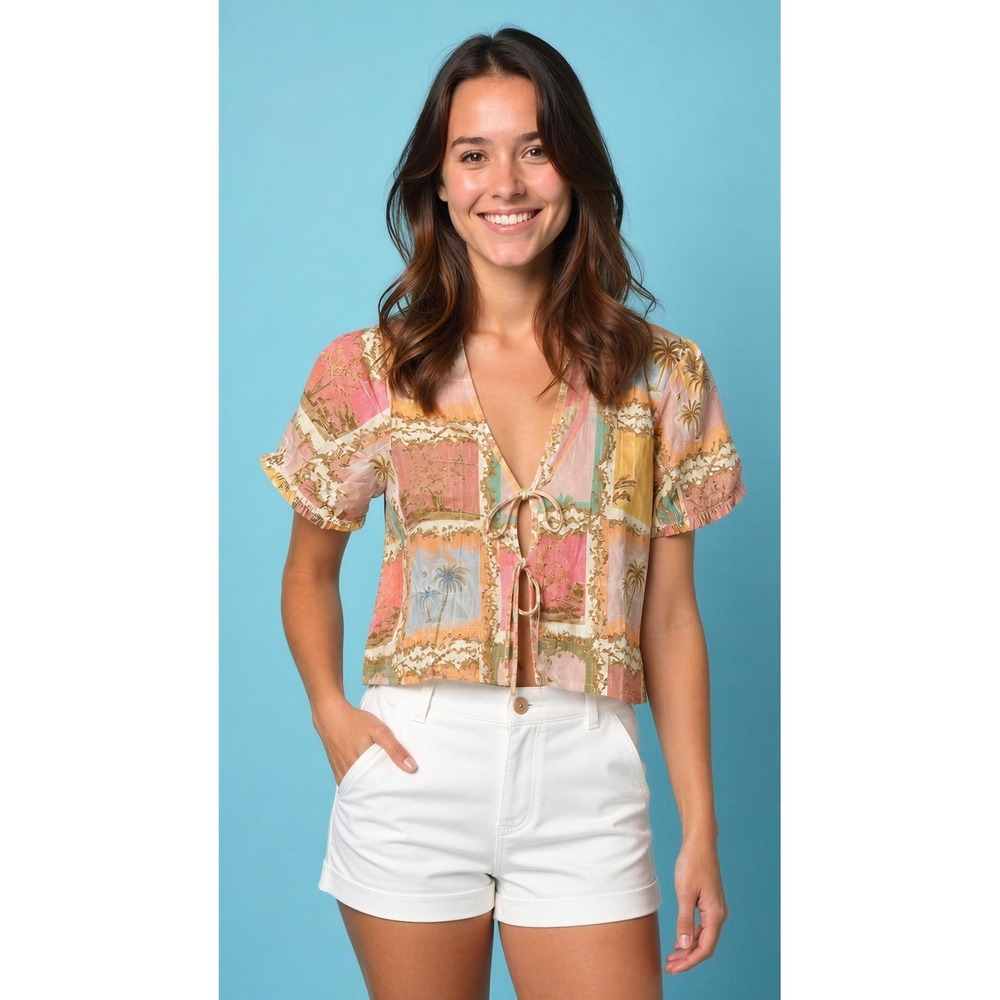 Industry Republic Clothing Linen Blend Tropical Postcard Tie Front Top